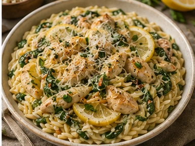 Kom romige orzo met citroen, spinazie en geraspte Parmezaan