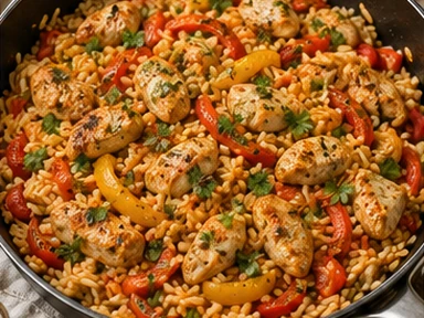 Koekenpan met kip, rode en gele paprika en rijst