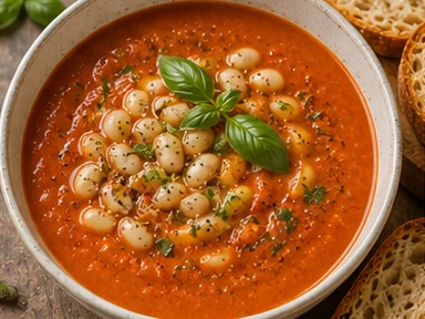 Kom geroosterde tomatensoep met witte bonen, verse basilicum en brood ernaast